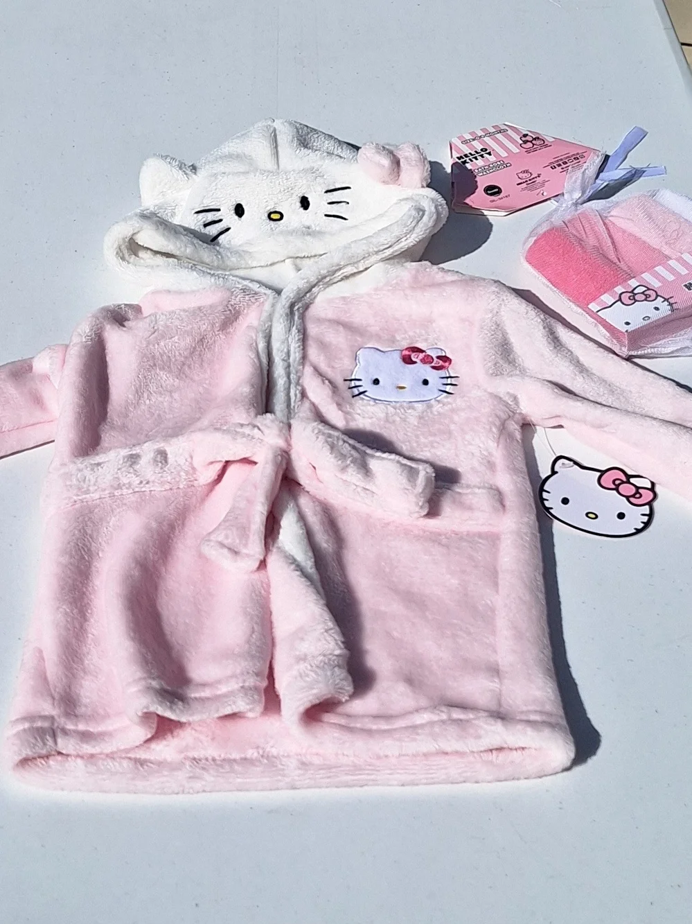 Hello Kitty Light Pink Hooded Plush Kids Robe with White Trim